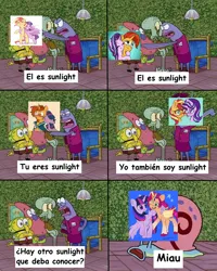 Size: 1920x2400 | Tagged: safe, derpibooru import, starlight glimmer, sunburst, sunny starscout, sunset shimmer, twilight sparkle, g4, g5, female, image, lesbian, male, meme, png, ship:shimmerglimmer, ship:twiscout, shipping, spanish, spongebob squarepants, starburst, straight, sunsetsparkle, twiburst