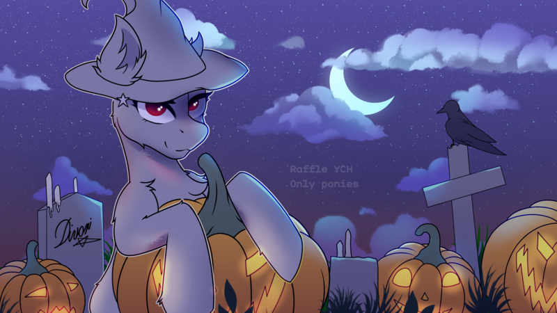 Size: 4000x2250 | Tagged: safe, artist:divori, derpibooru import, oc, unofficial characters only, bird, pony, raven (bird), candle, chest fluff, cloud, commission, ear fluff, grass, gravestone, halloween, hat, holiday, image, looking at you, moon, png, pumpkin, raffle, red eyes, stars, your character here