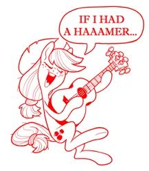 Size: 1764x2030 | Tagged: safe, artist:jimmyjamno1, applejack, earth pony, pony, acoustic guitar, dexterous hooves, dialogue, eyes closed, female, guitar, hoof hold, image, jpeg, lineart, mare, monochrome, musical instrument, open smile, simple background, singing, solo, speech bubble, white background