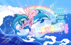 Size: 3575x2260 | Tagged: safe, artist:redjester, derpibooru import, dolphin, pony, advertisement, base, blue sky, commission, eyes closed, horn, image, png, rainbow, smiling, sparkles, spread wings, text, vector, water, wave, wings, your character here