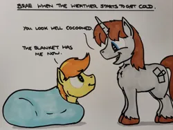 Size: 2048x1536 | Tagged: safe, artist:hoofclid, derpibooru import, braeburn, oc, oc:hoofclid, earth pony, pony, unicorn, blanket, blanket burrito, canon x oc, chest fluff, dialogue, duo, duo male, gay, horn, image, jpeg, male, marker drawing, open mouth, open smile, shipping, smiling, stallion, traditional art