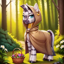 Size: 2400x2400 | Tagged: safe, ai content, derpibooru import, machine learning generated, prompter:infernum, stable diffusion, zecora, zebra, g4, basket, bush, clothes, coat, day, flower, forest, generator:pony diffusion v6 xl, grass, hood, image, looking at you, nature, png, smiling, smiling at you, standing, tree