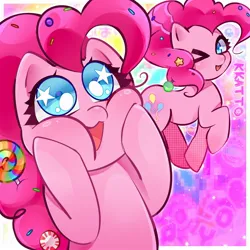 Size: 2000x2000 | Tagged: safe, artist:kk4tt0, derpibooru import, pinkie pie, earth pony, pony, g4, candy, candy in hair, cheek squish, cute, diapinkes, female, food, high res, image, jpeg, lollipop, looking at you, mare, one eye closed, open mouth, open smile, passepartout, screentone, signature, smiling, smiling at you, solo, sprinkles in hair, squishy cheeks, starry eyes, wingding eyes, wink, winking at you