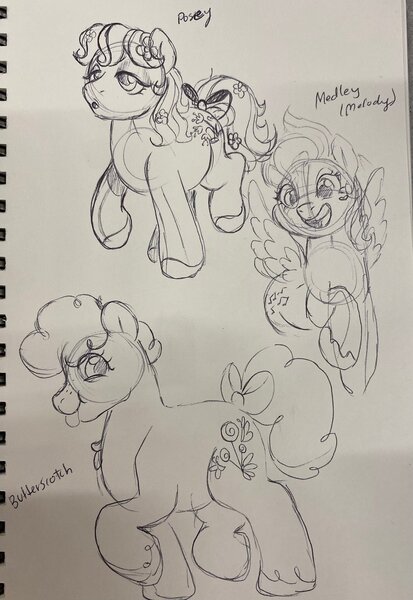 Size: 1410x2048 | Tagged: safe, artist:texacity, derpibooru import, butterscotch (g1), medley, posey, earth pony, pegasus, pony, g1, bow, female, flower, flower in hair, image, jpeg, lidded eyes, mare, open mouth, open smile, pencil drawing, smiling, tail, tail bow, tongue out, traditional art, trio