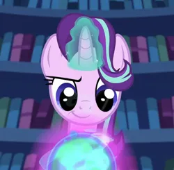 Size: 820x802 | Tagged: safe, derpibooru import, edit, edited screencap, screencap, starlight glimmer, pony, unicorn, every little thing she does, g4, g5, season 6, bookshelf, female, glow, glowing horn, horn, image, indoors, library, looking down, magic, magic orb, mare, png, smiling, smirk, smug, smuglight glimmer, solo, twilight's castle, unicorn magic