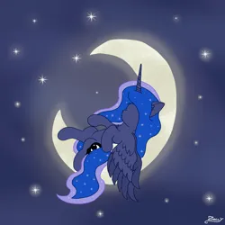 Size: 2000x2000 | Tagged: safe, artist:zeccy, derpibooru import, princess luna, alicorn, pony, female, image, lying down, mare, moon, night, night sky, no face, png, sky, solo, stars, wings