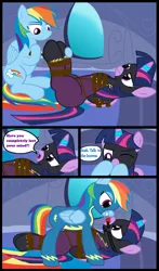 Size: 2200x3753 | Tagged: safe, artist:cardshark777, derpibooru import, rainbow dash, twilight sparkle, twilight sparkle (alicorn), alicorn, pegasus, pony, g4, 4 panel comic, angry, ballgag, bed, bondage, bound and gagged, bound wings, clothes, comic, conversation, costume, dashdom, dialogue, digital art, dominant, duo, female, femdom, femsub, gag, helpless, hooves behind back, hooves on cheeks, hooves on face, image, lesbian, lidded eyes, looking at each other, looking at someone, lying down, mare, png, rainbow dash's bedroom, rope, rope bondage, ropes, shadowbolts costume, shipping, smiling, speech bubble, submissive, suit, talking, text, tied up, twidash, twilight sparkle is not amused, twisub, unamused, uniform, wall, window, wings, wonderbolts uniform