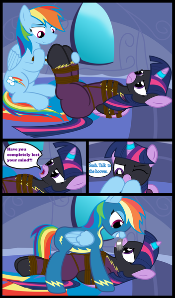 Size: 2200x3753 | Tagged: safe, alternate version, artist:cardshark777, derpibooru import, rainbow dash, twilight sparkle, twilight sparkle (alicorn), alicorn, pegasus, pony, g4, 4 panel comic, angry, bed, bondage, bound and gagged, bound wings, clothes, comic, conversation, costume, dashdom, dialogue, digital art, dominant, duo, female, femdom, femsub, gag, helpless, hooves behind back, hooves on cheeks, hooves on face, image, lesbian, lidded eyes, looking at each other, looking at someone, lying down, mare, png, rainbow dash's bedroom, rope, rope bondage, ropes, shadowbolts costume, shipping, smiling, speech bubble, submissive, suit, talking, tape, tape gag, text, tied up, twidash, twilight sparkle is not amused, twisub, unamused, uniform, wall, window, wings, wonderbolts uniform