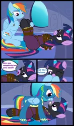 Size: 2200x3753 | Tagged: safe, alternate version, artist:cardshark777, derpibooru import, rainbow dash, twilight sparkle, twilight sparkle (alicorn), alicorn, pegasus, pony, g4, 4 panel comic, angry, bed, bondage, bound and gagged, bound wings, clothes, comic, conversation, costume, dashdom, dialogue, digital art, dominant, duo, female, femdom, femsub, gag, helpless, hooves behind back, hooves on cheeks, hooves on face, image, lesbian, lidded eyes, looking at each other, looking at someone, lying down, mare, png, rainbow dash's bedroom, rope, rope bondage, ropes, shadowbolts costume, shipping, smiling, speech bubble, submissive, suit, talking, tape, tape gag, text, tied up, twidash, twilight sparkle is not amused, twisub, unamused, uniform, wall, window, wings, wonderbolts uniform