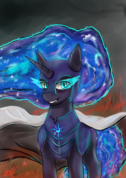 Size: 2480x3508 | Tagged: safe, artist:kirieshka, derpibooru import, nightmare moon, alicorn, pony, armor, bad end, blue eyes, cloak, clothes, evil, evil eyes, evil grin, fire, grin, image, mantle, night, png, raincoat, smiling