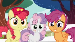 Size: 1276x718 | Tagged: safe, derpibooru import, edit, edited screencap, editor:anonymous, screencap, apple bloom, scootaloo, sweetie belle, earth pony, pegasus, pony, unicorn, g4, marks for effort, adorabloom, alternate hairstyle, bandaid, baseball cap, blank flank, braid, braided pigtails, cap, cute, cutealoo, cutie mark crusaders, diasweetes, female, fence, filly, foal, hairclip, hat, horn, image, looking at you, messy mane, pigtails, png, smiling, smiling at you, tomboy, tree, trio