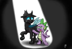 Size: 1785x1223 | Tagged: safe, artist:takutanuvataio, derpibooru import, spike, thorax, changeling, dragon, g4, the times they are a changeling, a changeling can change, black background, crying, duo, duo male, floppy ears, image, link in description, male, open mouth, open smile, png, raised hoof, scene interpretation, signature, simple background, singing, smiling, song cover, spotlight, tears of joy