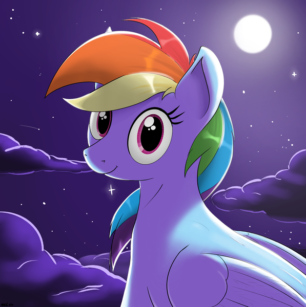 Size: 2197x2209 | Tagged: safe, artist:eels, derpibooru import, rainbow dash, pegasus, pony, g4, cloud, cute, female, image, looking at you, moon, night, png, sky background, solo, stars