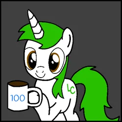 Size: 494x496 | Tagged: safe, artist:lonstecation, derpibooru import, snips, oc, oc:lonstecation, unofficial characters only, pony, unicorn, g4, 100, 3 legs, cup, food, gray background, holding cup, holding mug, horn, image, male, mug, number, number 100, png, raised hoof, rule 63, simple background, solo, stallion, sugar, tea