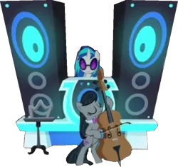 Size: 708x662 | Tagged: safe, derpibooru import, octavia melody, vinyl scratch, earth pony, pony, unicorn, g4, background removed, bowtie, cello, dubstep, duo, female, glasses, horn, image, mare, musical instrument, necktie, png, simple background, speaker, transparent background