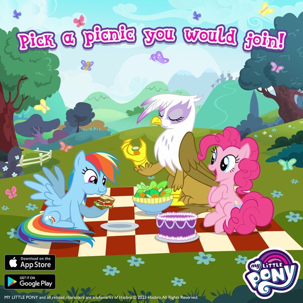 Size: 1080x1080 | Tagged: safe, derpibooru import, gilda, pinkie pie, rainbow dash, butterfly, earth pony, gryphon, insect, pegasus, pony, cake, female, fence, flower, food, gameloft, image, jpeg, outdoors, picnic, picnic blanket, sandwich, tree, trio, trio female