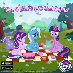 Size: 1080x1080 | Tagged: safe, derpibooru import, starlight glimmer, trixie, twilight sparkle, cake, food, gameloft, image, jpeg, picnic