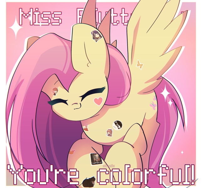 Size: 2250x2100 | Tagged: safe, artist:miryelis, derpibooru import, fluttershy, pegasus, pony, g4, big ears, cute, eyes closed, female, flying, happy, image, mare, png, smiling, solo, sparkles, spread wings, sticker, text, wings