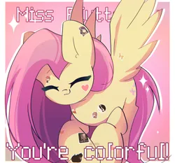 Size: 2250x2100 | Tagged: safe, artist:miryelis, derpibooru import, fluttershy, pegasus, pony, g4, big ears, cute, eyes closed, female, flying, happy, image, mare, png, smiling, solo, sparkles, spread wings, sticker, text, wings