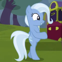 Size: 941x948 | Tagged: safe, derpibooru import, screencap, trixie, pony, unicorn, g4, road to friendship, bipedal, cropped, horn, image, moonwalk, outdoors, png, smiling, solo