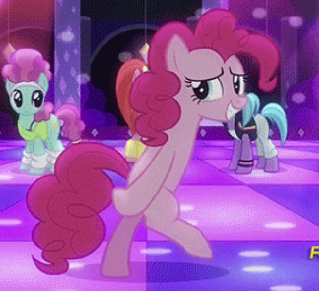 Size: 850x776 | Tagged: safe, derpibooru import, screencap, azure velour, flashdancer, pacific glow, pinkie pie, earth pony, pony, g4, the saddle row review, bipedal, cropped, dance floor, image, indoors, moonwalk, png, smiling, solo focus