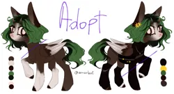 Size: 2400x1300 | Tagged: safe, derpibooru import, oc, unofficial characters only, pegasus, pony, adoptable, adopted, adoption, bag, black and white, brown eyes, brown skin, fixed, flower, grayscale, green hair, green tail, horn, image, monochrome, png, simple background, smiling, solo, sunflower, tail, white background