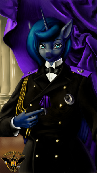 Size: 4320x7680 | Tagged: safe, artist:tsaritsaluna, derpibooru import, alicorn, anthro, pony, bowtie, bust, clothes, female, fine art parody, image, looking at you, mare, necktie, png, portrait, solo, uniform