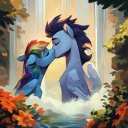 Size: 4096x4096 | Tagged: safe, ai content, derpibooru import, machine learning generated, prompter:*rainbow dash*, stable diffusion, rainbow dash, soarin', pegasus, pony, cute, duo, duo male and female, eyes closed, female, forest, generator:purplesmart.ai, image, kissing, male, nature, outdoors, png, romantic, shipping, sitting, soarindash, straight, tree, water, waterfall