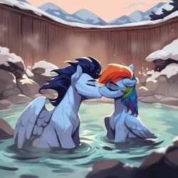 Size: 4096x4096 | Tagged: safe, ai content, derpibooru import, machine learning generated, prompter:*rainbow dash*, stable diffusion, rainbow dash, soarin', pegasus, pony, bathing, cute, duo, duo male and female, eyes closed, female, generator:purplesmart.ai, image, kissing, male, onsen, outdoors, png, romantic, shipping, sitting, snow, soarindash, straight, wet