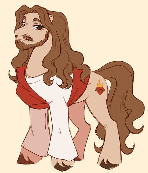 Size: 1746x2048 | Tagged: safe, artist:daffidaizy, derpibooru import, ponified, earth pony, pony, beard, clothes, facial hair, image, jesus christ, jpeg, looking at you, male, religion, simple background, solo, stallion