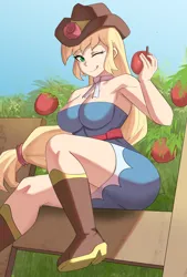 Size: 2762x4096 | Tagged: safe, artist:tzc, derpibooru import, applejack, human, equestria girls, g4, 2d, ;p, apple, applejack's hat, boots, breasts, busty applejack, clothes, cowboy hat, dress, eyebrows, eyebrows visible through hair, female, fence, flower, food, freckles, hat, image, looking at you, one eye closed, outdoors, png, rose, shoes, sitting, smiling, smiling at you, solo, tongue out, wink