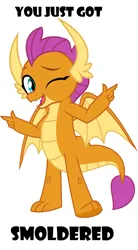 Size: 1024x1849 | Tagged: safe, artist:jhayarr23, derpibooru import, edit, vector edit, smolder, dragon, g4, caption, female, image, image macro, looking at you, meme, one eye closed, one eye open, png, pointing, reference, simple background, solo, spongebob reference, spongebob squarepants, spread wings, text, vector, wings