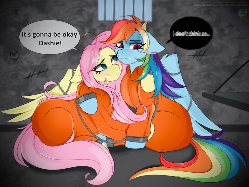 Size: 2000x1500 | Tagged: safe, artist:namelessplaza, derpibooru import, fluttershy, rainbow dash, pegasus, pony, blushing, bound together, bound wings, butt, chains, clothes, commission, cuffs, hug, image, jpeg, plot, prison, prison outfit, prisoner, prisoner fs, prisoner rd, speech bubble, sweat, sweatdrops, wings