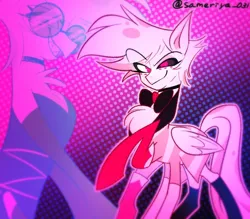 Size: 1368x1198 | Tagged: safe, artist:sameriya_031, derpibooru import, ponified, demon, demon pony, original species, pegasus, pony, angel dust (hazbin hotel), bowtie, clothes, colored sclera, crossover, glasses, hazbin hotel, hellaverse, image, male, necktie, patterned background, png, polka dot background, self paradox, self ponidox, sharp teeth, socks, stallion, teeth