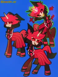 Size: 1108x1477 | Tagged: safe, artist:sameriya_031, derpibooru import, ponified, demon, demon pony, original species, pony, unicorn, alastor, blue background, bowtie, clothes, coat, colored sclera, crossover, hazbin hotel, hellaverse, horn, image, looking at you, male, monocle, multeity, necktie, png, sharp teeth, simple background, smiling, stallion, teeth