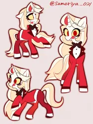 Size: 1108x1477 | Tagged: safe, artist:sameriya_031, derpibooru import, ponified, demon, demon pony, original species, pony, unicorn, beige background, bowtie, charlie morningstar, clothes, coat, colored sclera, crossover, female, hazbin hotel, hellaverse, horn, image, looking at you, mare, multeity, necktie, png, simple background, smiling