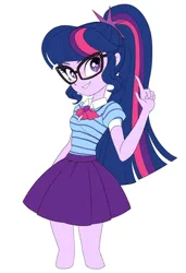 Size: 1300x1900 | Tagged: safe, artist:cheesesauce_45, derpibooru import, sci-twi, twilight sparkle, human, equestria girls, g4, clothes, female, glasses, grin, image, jpeg, ponytail, purple skirt, simple background, skirt, smiling, solo, white background