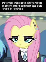 Size: 848x1152 | Tagged: safe, derpibooru import, editor:fluttershyisnot adoormat, screencap, fluttershy, pony, fake it 'til you make it, g4, annoyed, clothes, cropped, ear piercing, eyeshadow, female, fluttergoth, fluttershy is not amused, goth, gothic, image, makeup, mare, meme, offscreen character, piercing, png, pov, unamused