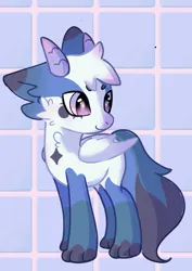 Size: 1131x1599 | Tagged: safe, artist:1mangosta1, derpibooru import, oc, oc:murumaru, ponified, unofficial characters only, hybrid, pony, blue, cute, dragon-pony hybrid, ear fluff, horns, hybrid oc, image, jpeg, looking away, patterned background, paws, pink eyes, solo, tail, tail fluff, white