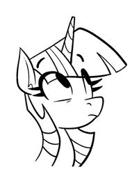 Size: 1193x1489 | Tagged: safe, artist:anontheanon, ponerpics import, ponybooru import, twilight sparkle, pony, unicorn, black and white, bust, eye clipping through hair, eyebrows visible through hair, frown, grayscale, image, looking up, monochrome, png, simple background, solo, white background