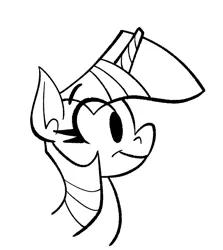 Size: 758x850 | Tagged: safe, artist:anontheanon, ponerpics import, ponybooru import, twilight sparkle, pony, unicorn, black and white, bust, eye clipping through hair, eyebrows visible through hair, female, grayscale, image, mare, monochrome, png, simple background, smiling, solo, white background