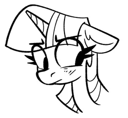 Size: 735x678 | Tagged: safe, artist:anontheanon, ponerpics import, ponybooru import, twilight sparkle, pony, unicorn, black and white, bust, eye clipping through hair, eyebrows visible through hair, female, frown, grayscale, image, looking down, mare, monochrome, png, simple background, solo, white background