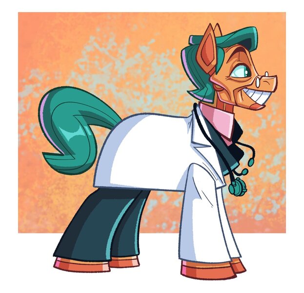 Size: 1079x1039 | Tagged: safe, artist:anontheanon, ponerpics import, ponybooru import, oc, oc:dr. schiz, unofficial characters only, earth pony, pony, robot, robot pony, abstract background, clothes, doctor, grin, image, jpeg, lab coat, male, smiling, solo, stallion, stethoscope