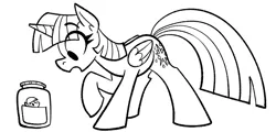 Size: 1000x479 | Tagged: suggestive, artist:anontheanon, ponerpics import, ponybooru import, twilight sparkle, twilight sparkle (alicorn), alicorn, pony, black and white, eye clipping through hair, eyebrows visible through hair, female, grayscale, image, jar, looking at something, mare, monochrome, png, pony cum jar project, raised hoof, raised leg, simple background, solo, white background