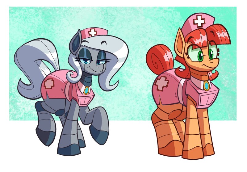 Size: 2440x1700 | Tagged: safe, artist:anontheanon, ponerpics import, ponybooru import, oc, unofficial characters only, earth pony, pony, robot, robot pony, duo, eyebrows visible through hair, female, hat, image, jpeg, lidded eyes, looking at you, mare, nurse, nurse hat, nurse outfit