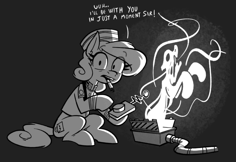 Size: 1731x1188 | Tagged: safe, artist:anontheanon, ponerpics import, ponybooru import, oc, oc:belle hop, unofficial characters only, earth pony, pony, bellhop, bellhop pony, black and white, black background, cigarette, dialogue, female, ghost trap, grayscale, hoof hold, image, mare, monochrome, png, simple background, sitting, smoking, talking to viewer