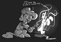 Size: 1731x1188 | Tagged: safe, artist:anontheanon, ponerpics import, ponybooru import, oc, oc:belle hop, unofficial characters only, earth pony, pony, bellhop, bellhop pony, black and white, black background, cigarette, dialogue, female, ghost trap, grayscale, hoof hold, image, mare, monochrome, png, simple background, sitting, smoking, talking to viewer