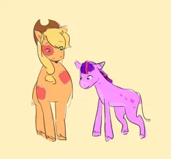 Size: 1035x966 | Tagged: safe, derpibooru import, applejack, twilight sparkle, donkey, apple, applejack's hat, blonde hair, cowboy hat, duo, female, food, green eyes, hat, image, jpeg, purple eyes, species swap, star mark, stars