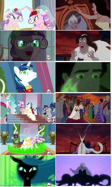 Size: 576x960 | Tagged: safe, derpibooru import, edit, edited screencap, screencap, night light, pinkie pie, princess cadance, princess celestia, queen chrysalis, shining armor, spike, twilight velvet, alicorn, changeling, changeling queen, pony, unicorn, a canterlot wedding, g4, season 2, comparison, disney, fake cadance, female, horn, hub logo, image, jpeg, logo, male, mare, mirror, prince eric, stallion, the hub, the little mermaid, this day aria, ursula