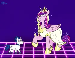 Size: 2316x1798 | Tagged: safe, artist:rotgriff, derpibooru import, princess cadance, shining armor, alicorn, pony, unicorn, clothes, dress, duo, female, horn, image, male, meme, png, size difference, the bride and the ugly ass groom, toy interpretation